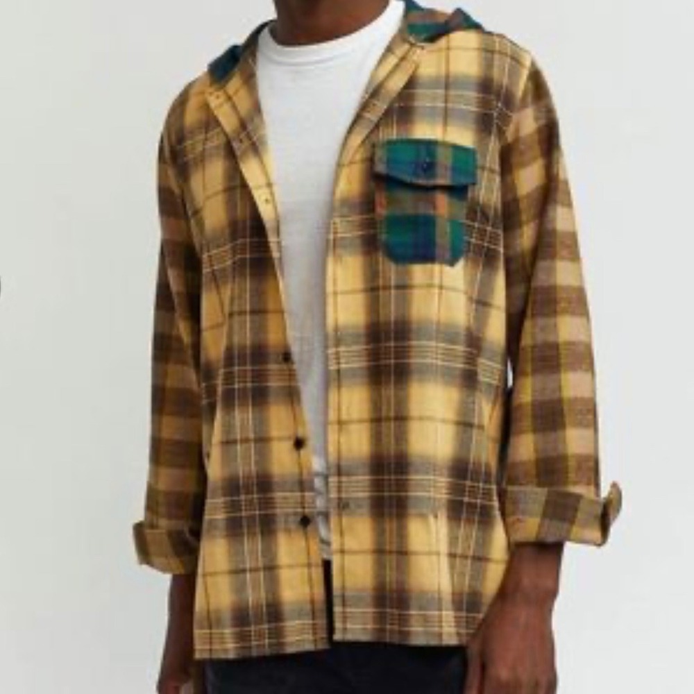 REASON Rustic Copper‎ Plaid Hooded Shirt Jacket Mens Size M Button Up Flannel